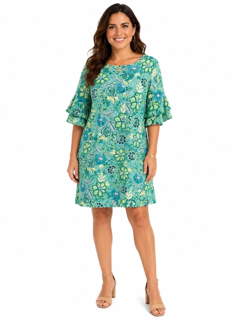 Ruby Rd. Green Blue Floral Shift Dress Ruffle Bell Sleeves Size M